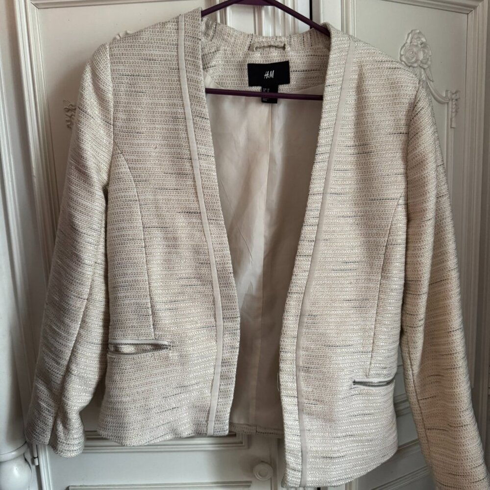H&M classic cream open blazer w/ zipper accents, women's size 12